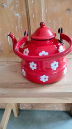 Vintage rode emaille theepot met witte bloemetjes., Antiek en Kunst, Antiek | Emaille, Ophalen of Verzenden