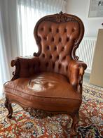 Vintage fauteuil met lederen bekleding, cognac kleur, Ophalen, Gebruikt, 75 tot 100 cm, Leer