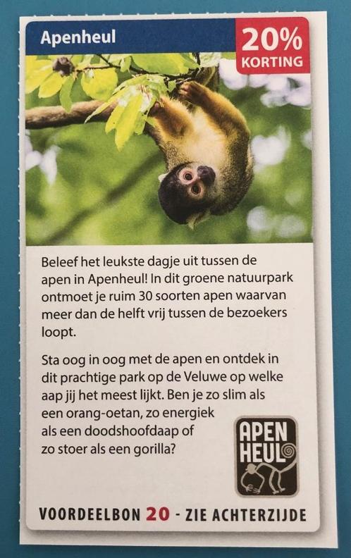 Kortingsbon Apenheul (20% korting), Tickets en Kaartjes, Recreatie | Dierentuinen, Drie personen of meer, Kortingskaart