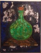 Olieverf mixed media Groene buikfles schilderij, Antiek en Kunst, Ophalen of Verzenden