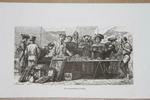 Antieke gravure - Boekenstalletje te Rome - 1872 !!, Antiek en Kunst, Kunst | Etsen en Gravures, Ophalen of Verzenden