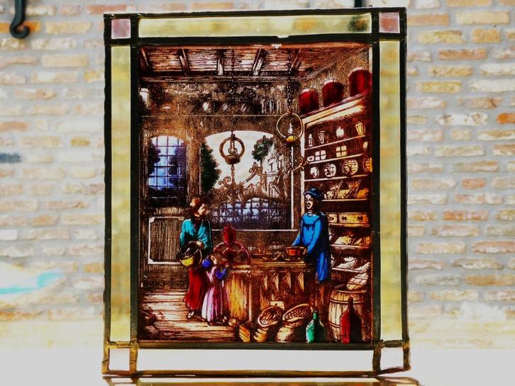 Glas in lood De Kruidenier winkel, Antiek en Kunst, Curiosa en Brocante, Ophalen of Verzenden
