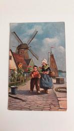 Jongen pot bloemen, vrouw mand, klompen, haven,boot,molen, Ophalen of Verzenden, Voor 1920, Gelopen, Overige thema's