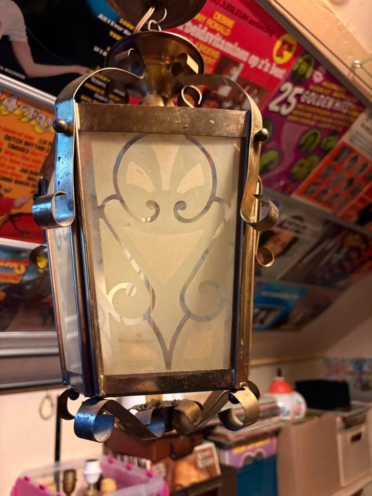 Vintage Hanglamp met Glas en Metaal, Huis en Inrichting, Lampen | Hanglampen, Gebruikt, 50 tot 75 cm, Glas, Ophalen of Verzenden