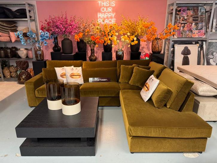 ACTIE Luxe Velvet Hoekbank Pocket 310x250cm Groen Green Moss, Huis en Inrichting, Banken | Bankstellen, Nieuw, Hoekbank, Vierpersoons of meer