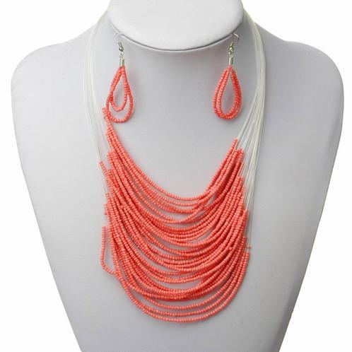 Koraal roze glaskraaltjes ketting en oorbellen set, Sieraden, Tassen en Uiterlijk, Kettingen, Nieuw, Overige materialen, Roze