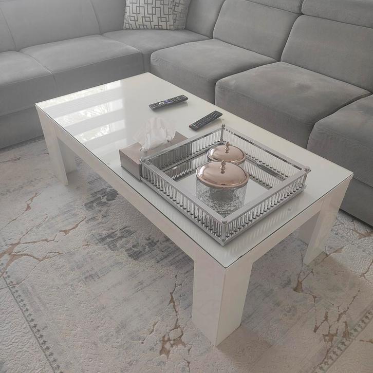 Moderne hoekbank en salontafel met glazen blad, Huis en Inrichting, Tafels | Salontafels, 50 tot 75 cm, 200 cm of meer, 200 cm of meer
