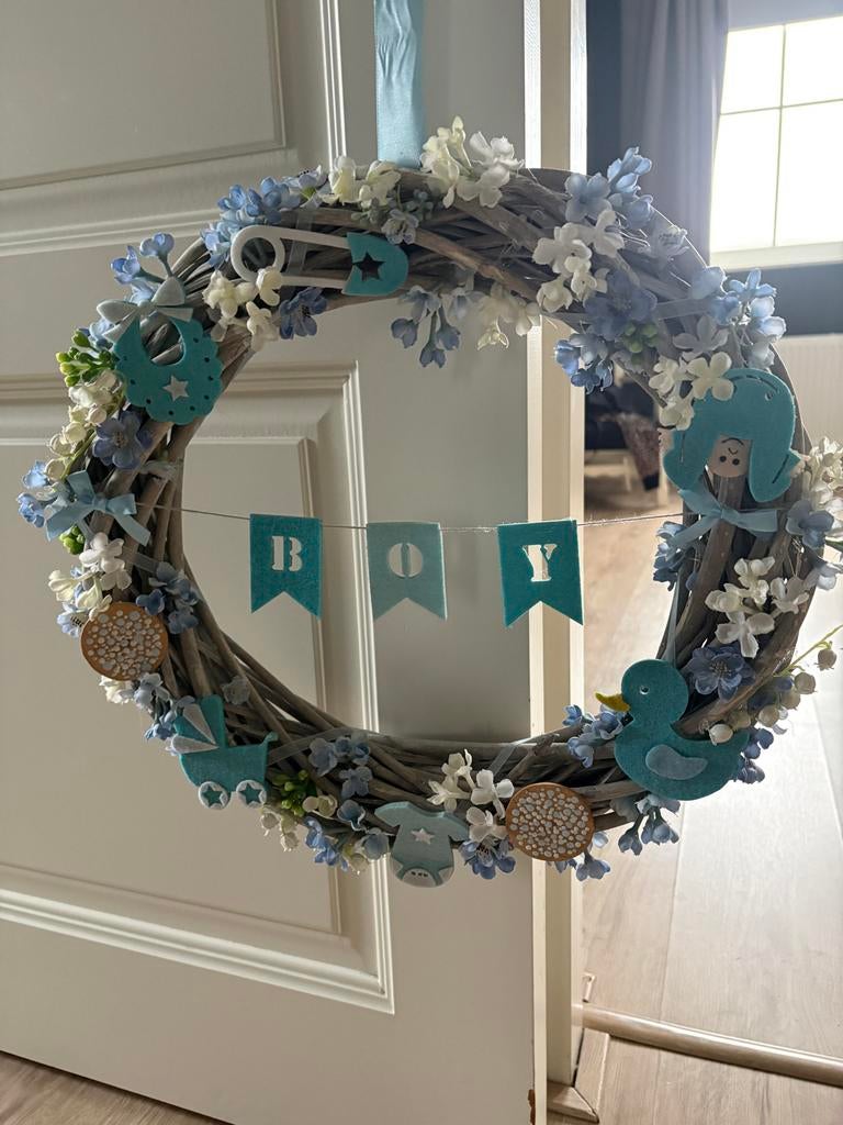 Geboortekrans Jongen - Blauw, Kinderen en Baby's, Kraamcadeaus en Geboorteborden, Zo goed als nieuw, Kraamcadeau, Ophalen