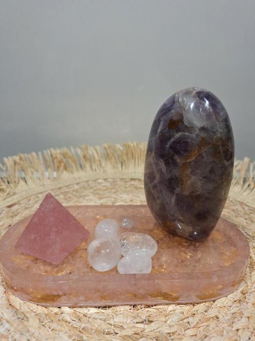 Gouden Driehoek Set - Amethist, Rozenkwarts & Bergkristal, Huis en Inrichting, Woonaccessoires | Overige, Nieuw, Ophalen of Verzenden