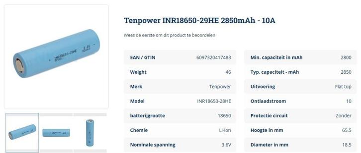Tenpower 29H 18650, Audio, Tv en Foto, Accu's en Batterijen, Nieuw, Oplaadbaar, Ophalen of Verzenden