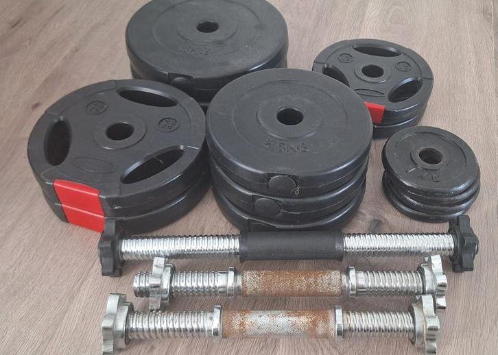 Halterset met gewichten, Sport en Fitness, Fitnessmaterialen, Gebruikt, Halterset, Armen, Benen, Borst, Buik, Rug, Ophalen