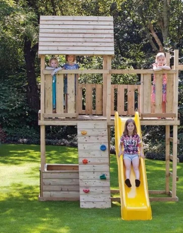 Speeltoren Sjoerd, incl. glijbaan, klimwand, schommelaanbouw, Kinderen en Baby's, Speelgoed | Buiten | Speeltoestellen, Nieuw