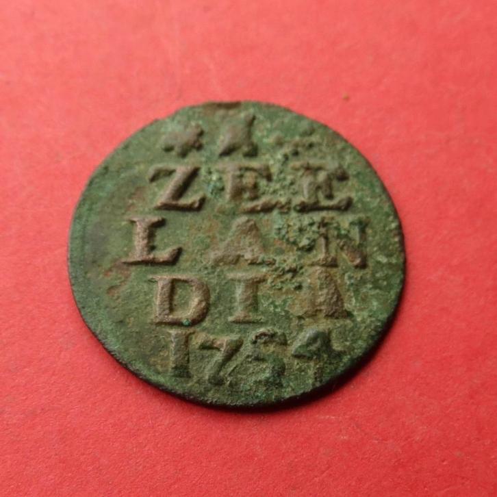 Duit Zeeland 1754 Zeelandia Luctor et Emergo Middelburg (2)., Postzegels en Munten, Munten | Nederland, Losse munt, Overige waardes