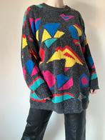 Kleurrijke vintage trui, M. 80s 90s fluffy oversized unisex, Maat 38/40 (M), Verzenden, Vintage, Grijs