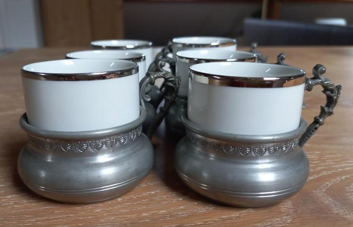 Espresso set Weidmann porselein met tinnen houders @DOC61, Antiek en Kunst, Antiek | Servies los, Ophalen of Verzenden