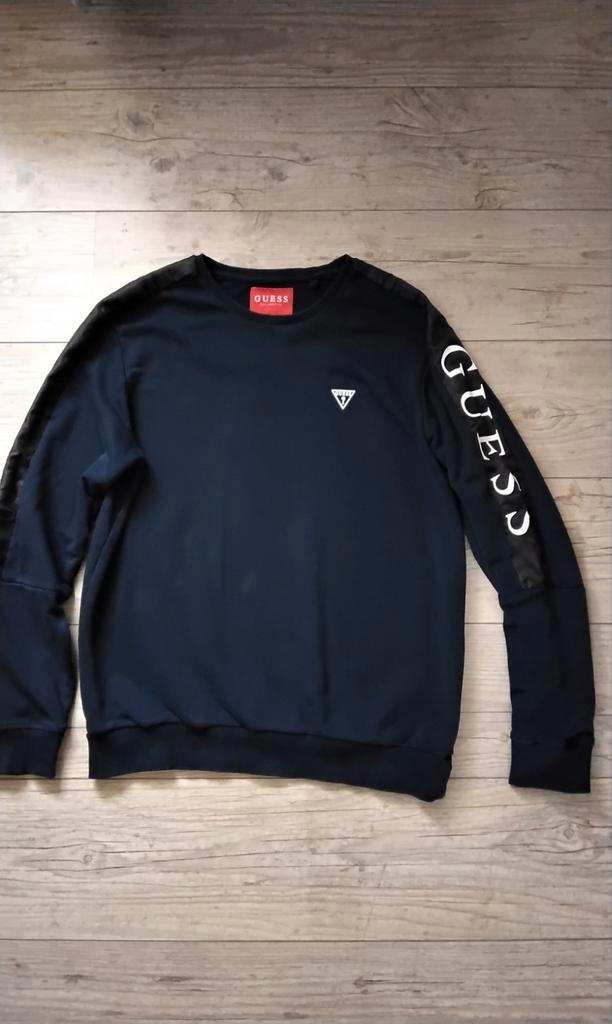 Guess,  blauwe sweater met witte letters op de mouw,  maat L, Kleding | Heren, Truien en Vesten, Zo goed als nieuw, Maat 52/54 (L)