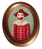 Clown met rood-wit kostuum. Ger Huntjens. Acryl op paneel., Ophalen of Verzenden