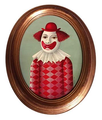 Clown met rood-wit kostuum. Ger Huntjens. Acryl op paneel. beschikbaar voor biedingen