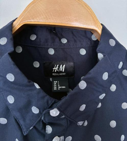 H&M donkerblauw overhemd met stippen, Kleding | Heren, Overhemden, Zo goed als nieuw, Halswijdte 41/42 (L), Blauw, Ophalen of Verzenden