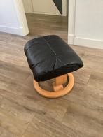 Voetenbank zwart leer - licht hout, Ophalen, Leer, Zo goed als nieuw, Rechthoekig