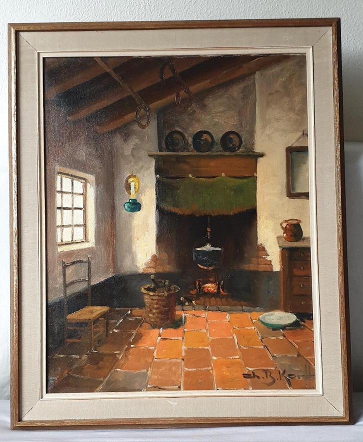 Larens interieur met openhaard Bertha von korff 19e/20e eeuw, Antiek en Kunst, Kunst | Schilderijen | Klassiek, Verzenden