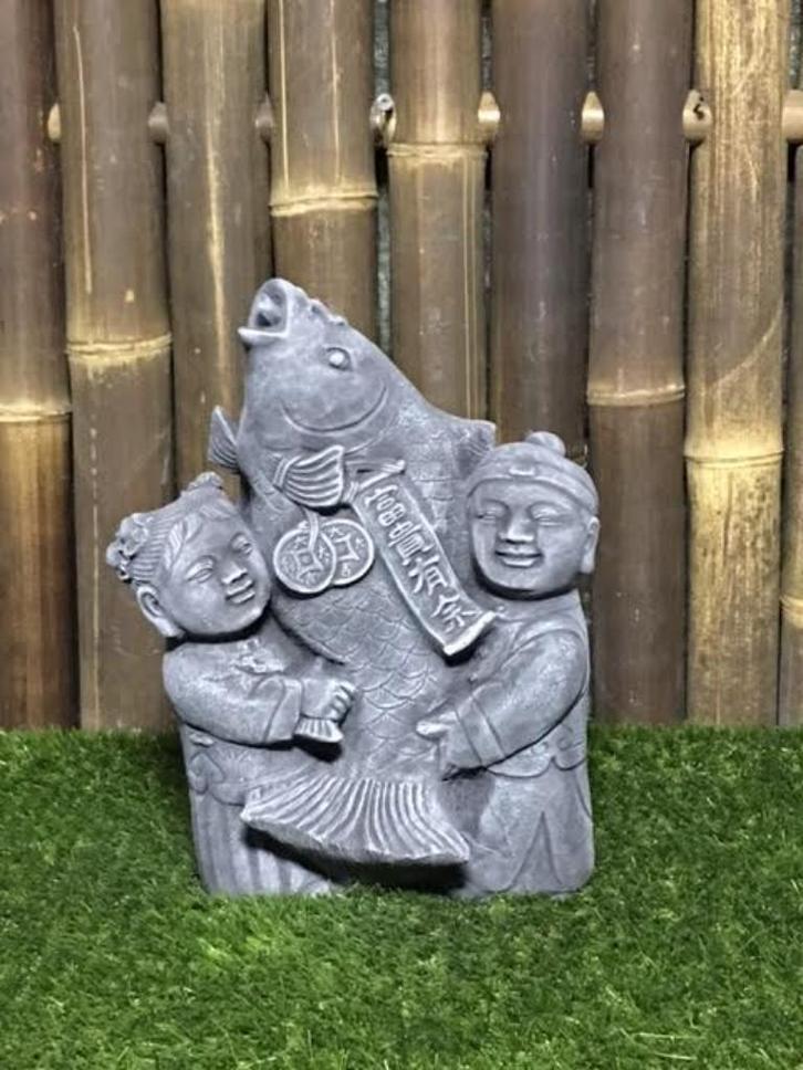 Japanse kinderen met Koi, Tuin en Terras, Tuinbeelden, Nieuw, Mensenbeeld, Beton, Ophalen