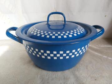 Mooie lustucru blauw witte emaille kookpot / pan beschikbaar voor biedingen