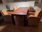 Eetkamertafel en 4 lederen stoelen ( beige/ cognac), Huis en Inrichting, Tafels | Eettafels, Zo goed als nieuw, 150 tot 200 cm