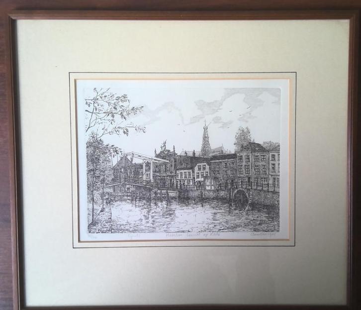 Ets Anna Doedijns - stadsgezicht Haarlem Gezicht op de Kade, Antiek en Kunst, Kunst | Etsen en Gravures, Ophalen