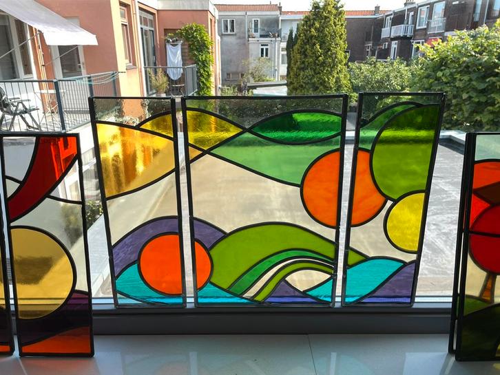 Glas in lood raam. Drie losse panelen, Doe-het-zelf en Verbouw, Glas en Ramen, Zo goed als nieuw, Minder dan 80 cm, Glas in lood