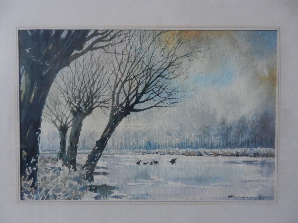 Aquarel Wintergezicht Woudwetering Woubrugge H v Reijn 17x26, Ophalen of Verzenden
