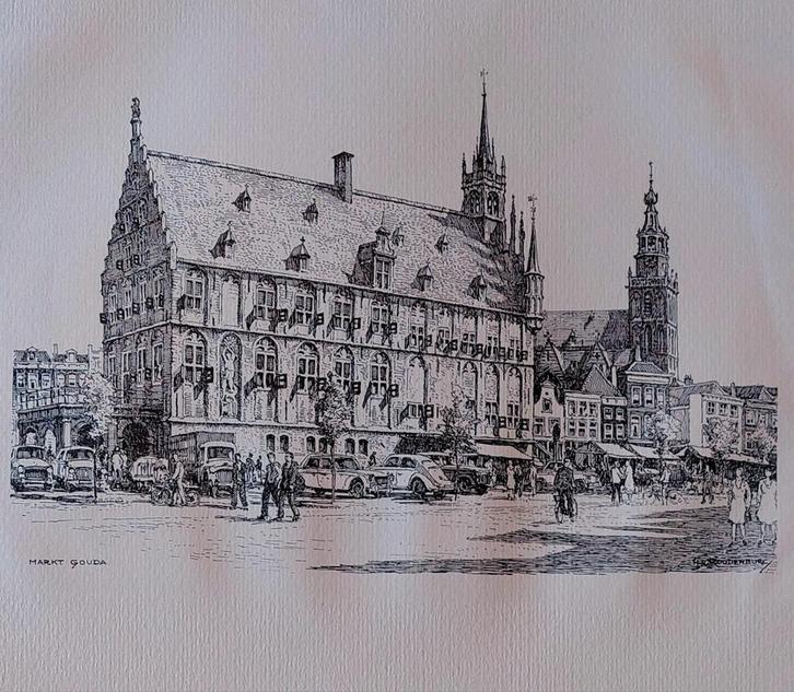 Markt Gouda ... H.E.  Roodenburg  ..., Antiek en Kunst, Kunst | Etsen en Gravures, Ophalen of Verzenden