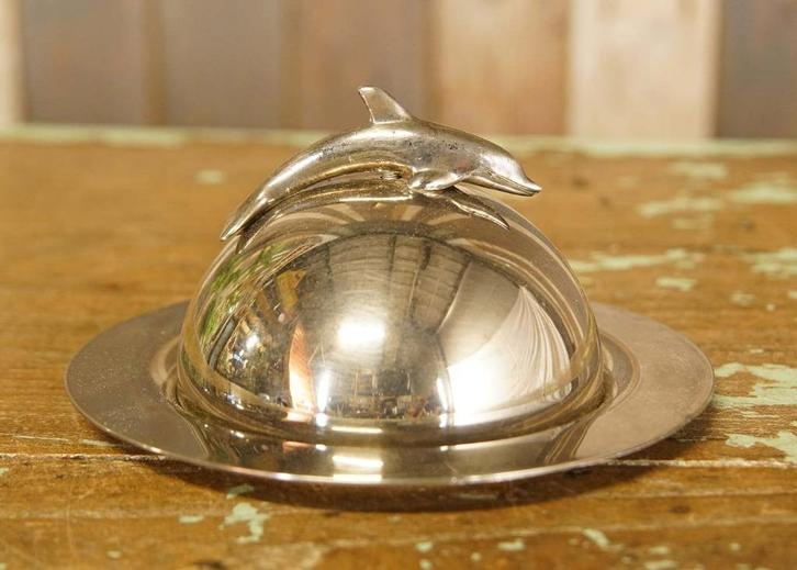 Zilverkleurig botervlootje glazen bak dolfijn handvat lepel, Huis en Inrichting, Keuken | Servies, Gebruikt, Overige typen, Overige stijlen