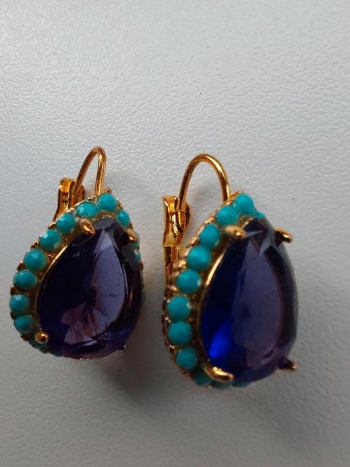 Mooie goudkleurige oorbellen, paars met turquoise, Sieraden, Tassen en Uiterlijk, Oorbellen, Zo goed als nieuw, Hangers, Overige materialen