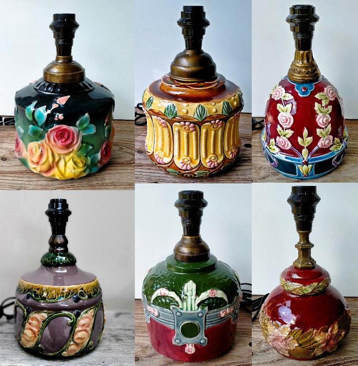 6x Antieke Majolica Lamp Tafellamp Schemerlamp - Zie Omschr, Antiek en Kunst, Antiek | Lampen, Ophalen of Verzenden