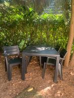 Goede staat blauwe kunststof tuintafel met 4 stoelen, Tuin en Terras, Ophalen, Gebruikt, Rechthoekig, Kunststof