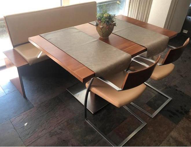 Eetkamer set eetbank tafel en 2 stoelen leer kersenhout, Huis en Inrichting, Complete eetkamers, Gebruikt, Minder dan 4 stoelen