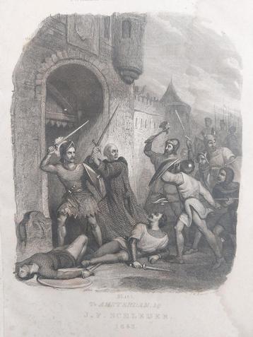 16 / Gevecht bij de poort van eeen kasteel gravure uit 1841 beschikbaar voor biedingen