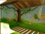 UNIEK en prachtig houten stapelbed met Tinkerbell en bomen, Ophalen, 85 tot 100 cm, Hoogslaper of Stapelbed, Zo goed als nieuw