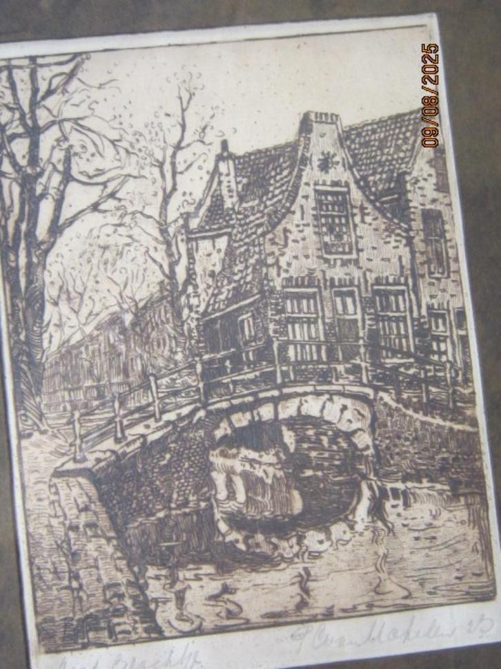 Ets. Houtsn. Bruggetje Delft, sign van Makelen ??, Antiek en Kunst, Kunst | Etsen en Gravures, Ophalen of Verzenden