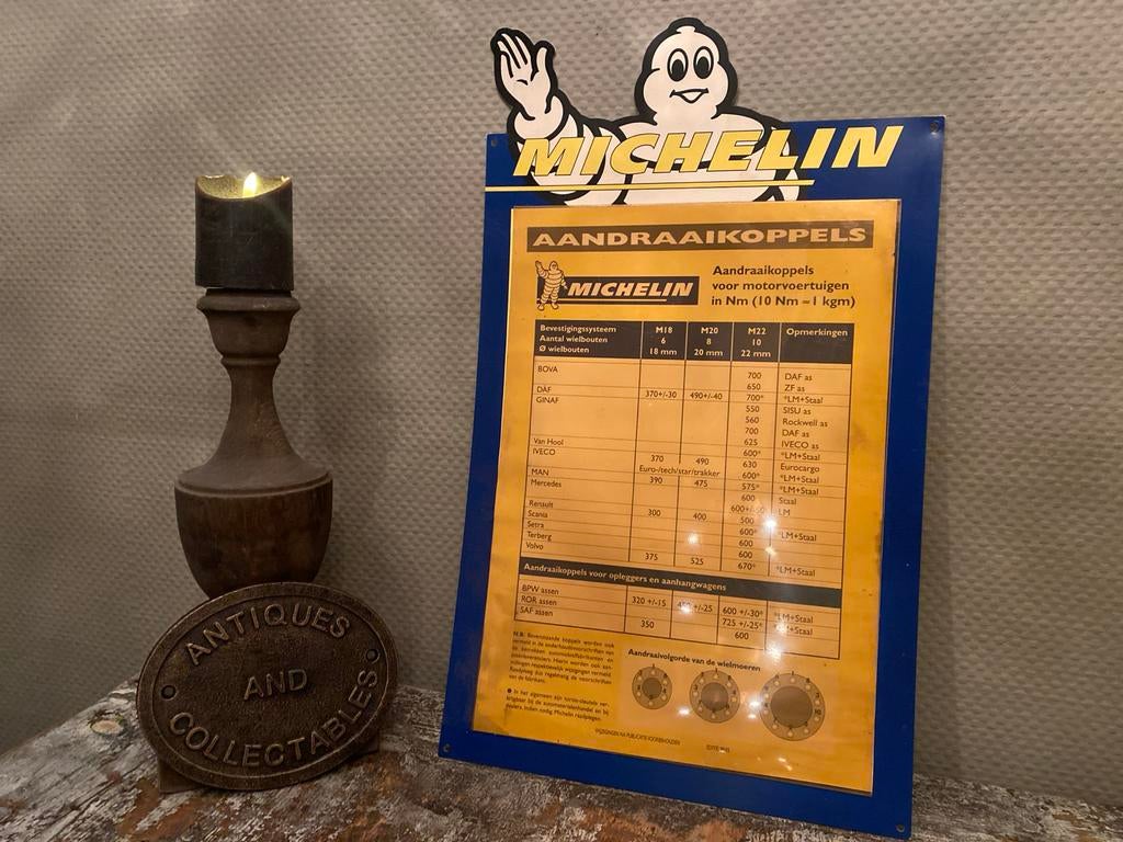Michelin Aandraaikoppels Reclamebord 59X35CM, Antiek en Kunst, Antiek | Emaille, Ophalen of Verzenden