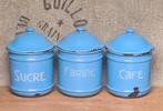 3 oude brocante blauwe franse voorraadbussen emaille, Ophalen of Verzenden