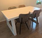 Witte Eettafel - Strak Design + eetkamerstoelen industrieel, 100 tot 150 cm, Kunststof, Ophalen of Verzenden, Zo goed als nieuw