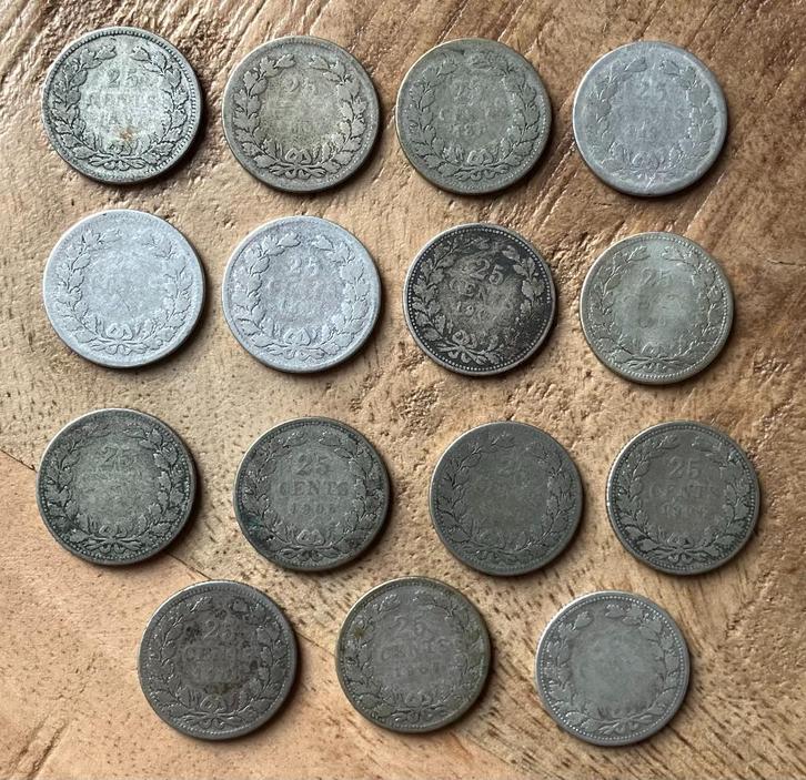 15 kwartjes Wilhelmina (loshangend haar en portret Diadeem), Postzegels en Munten, Munten | Nederland, Setje, 25 cent, Koningin Wilhelmina