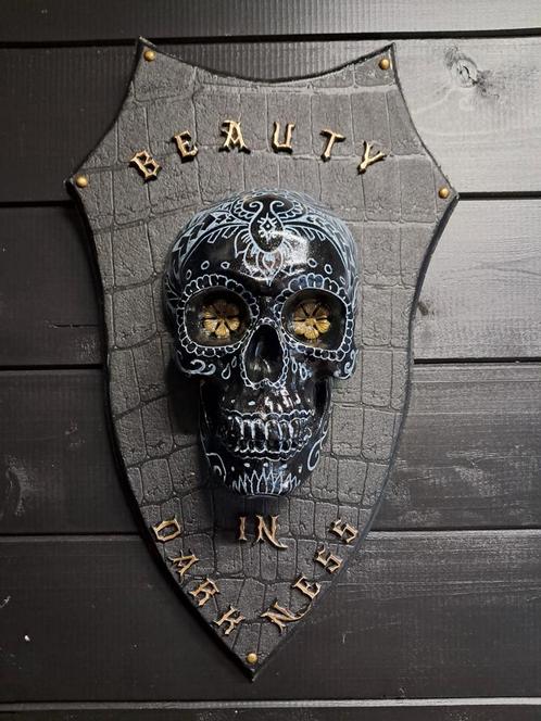 Sugar skull wand trofee plank silly art hand geschilderd, Verzamelen, Beelden en Beeldjes, Ophalen of Verzenden