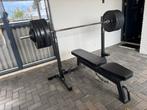 Complete bankdrukset 130 KG met bumperplates, Sport en Fitness, Fitnessmaterialen, Ophalen, Zo goed als nieuw, Fitnessbank