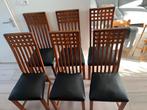 6 Teak houten stoelen met zwart leren zitting, Ophalen, Gebruikt, Zwart, Vijf, Zes of meer stoelen
