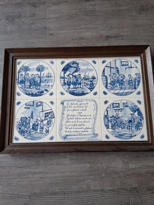 Antieke vintage tabaks Delfts Blauw Tegels in Houten Lijst, Antiek en Kunst, Antiek | Wandborden en Tegels, Ophalen of Verzenden