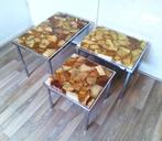 Vintage set 3 tafeltjes marmer mimiset Onyx epoxy chroom, 45 tot 60 cm, Overige materialen, Minder dan 55 cm, Vintage Midcentury