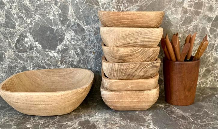 Houten Schalen Set - Handgemaakt inc 16 vorkjes in houder, Huis en Inrichting, Woonaccessoires | Schalen en Manden, Gebruikt, Schaal